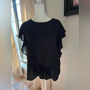 Black Monteau with white polka dots blouse size L. Flared  sleeves.